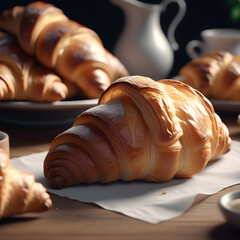 Freshly backed two croissants on wooden board, warm  tonal range.  Puff pastry in France