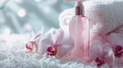 A pastel pink shampoo bottle with a glossy finish, placed on a fluffy white towel next to a blooming orchid