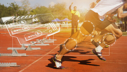 Sprint athletes use AI tools to analyze their running.Close up of runners feet on the track field