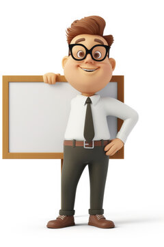 Teacher or professional manager cartoon character stands near the blank board.