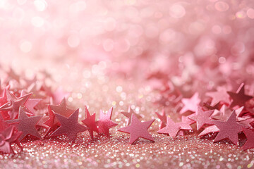 Fototapeta na wymiar Birthday Background Pastel Peach Colours delicate powder pink Glitter Stars falling with soft caramel brown copy space 