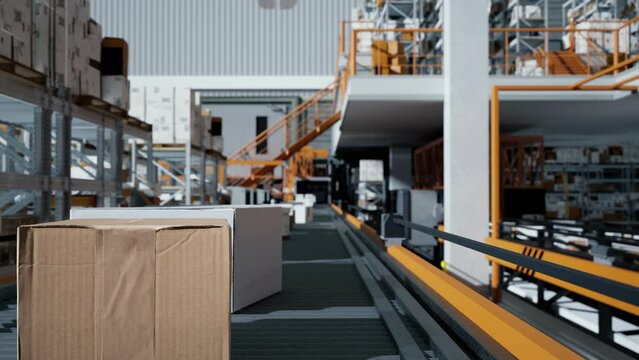 Close Up Of Packaging Box On The Conveyor Belt, 3D Rendering. Loop Transmitting Of Cardboard Boxes In A Large Scale Smart Distribution Warehouse, Production Line

