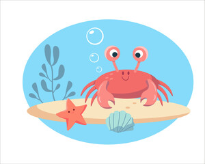 Cute stylised cartoon crab in sea. Nature and plants. Underwater world and animals. Vector flat isolated illustration on white background for design.