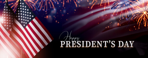 Happy Presidents Day Concept with the US national Flag against a collage of fireworks in the night...