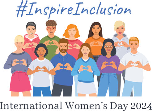 Inspire inclusion campaign pose. International Women's Day 2024 theme. Smiling diverse women and men make heart symbol with hands to stop discrimination and stereotypes. Gender equal inclusive world