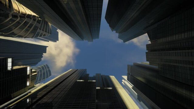 Time Lapse Of Low Angle View Of The Glass Mirrored Buildings. Business Center From Morning Till Evening Timelapse, Moving Cloud. Airplane Flying Above Office Building 
