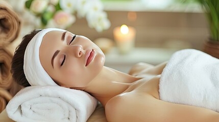 Serene Spa Experience with Aromatherapy, A woman enjoys a tranquil spa treatment surrounded by aromatic oils, incense, and stones