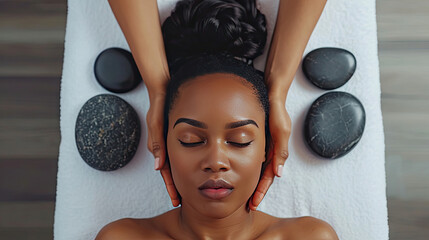 Hot Stone Massage Therapy on Young Woman, Close-up view of a young woman experiencing hot stone massage therapy in a tranquil spa setting