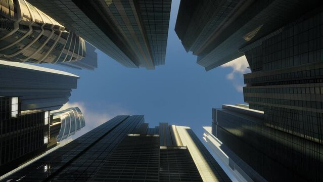 Airplane Flying Above Office Building With Beautiful Sky. Time Lapse Of Low Angle View Of The Glass Mirrored Buildings. Business Center From Morning Till Evening Timelapse, Moving Cloud
