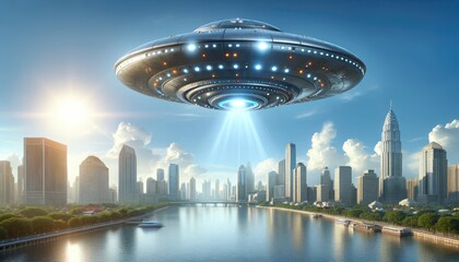Fototapeta premium Urban Anomaly: Daylight UFO Over Cityscape