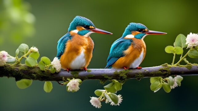 Common kingfisher sits on willow branch with fresh green, Hesse, Germany