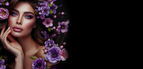 Beautiful young girl with a lilac flower. Bright purple flower girl. Girl flower Fantasy girl with a flower on her head.