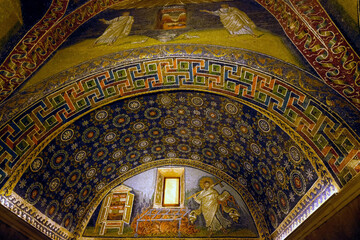 RAVENNA, ITALY - NOVEMBER 2 2023 : Ceiling Mosaic of the Galla Placidia mausoleum, built between 425 and 433.