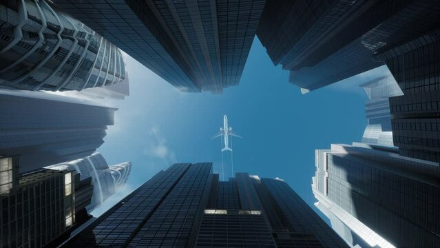 Airplane Flying Above Office Building With Beautiful Sky. Low Angle View Of The Glass Mirrored Buildings
