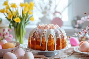 Easter bundt cake. Polish babka cake. Traditional easter cake. Festive table decorated with spring flowers. Painted eggs.
