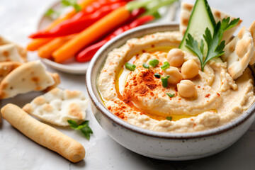 plate with hummus dip and vegetables sticks. Healthy enriched vegan food. Hummus with carrot sticks. hummus with bread sticks and pita. Halal food.  - obrazy, fototapety, plakaty