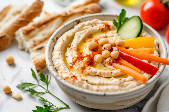 plate with hummus dip and vegetables sticks. Healthy enriched vegan food. Hummus with carrot sticks. hummus with bread sticks and pita. Halal food. 