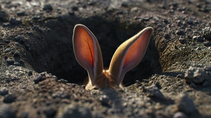 Hare Ears Emerging from Burrow, 3D render of hare ears attentively sticking out from a dark earthen burrow - obrazy, fototapety, plakaty