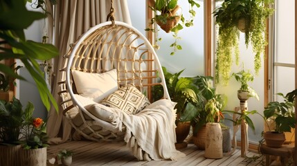 Cozy boho style balcony interior design with swinging chair, natural decoration and potted green plants