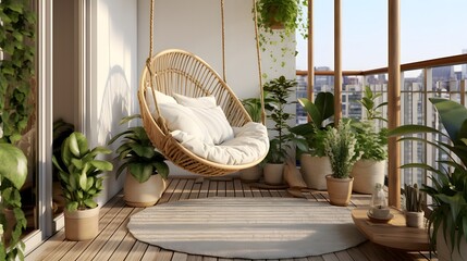 Cozy boho style balcony interior design with swinging chair, natural decoration and potted green plants - obrazy, fototapety, plakaty