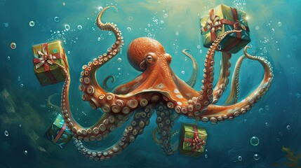 Obraz premium Octopus with gift boxes, in tentacles swimming underwater