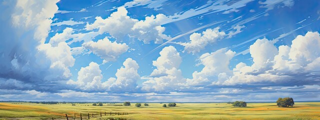 A vibrant blue sky, with puffy cumulus clouds casting shadows on a sun-drenched field, a perfect day for outdoor adventures