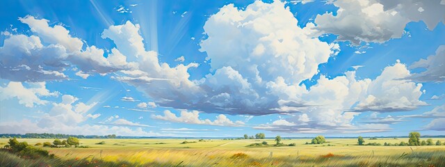 A vibrant blue sky, with puffy cumulus clouds casting shadows on a sun-drenched field, a perfect day for outdoor adventures