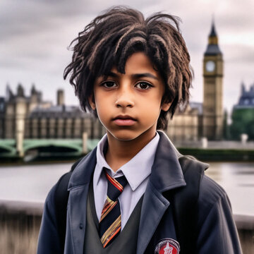 a boy in a school uniform stands against the backdrop of London