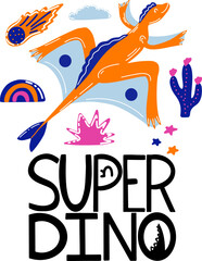 Cute Dino print design - funny hand drawn doodle, cartoon dinosaur. Vector hand drawn illustration.