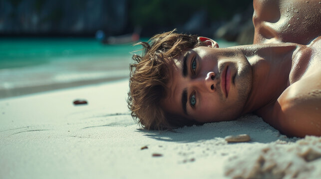 Man relax on the tropical beach. 