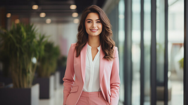Business woman wearing pink blazer with office background