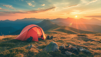 a brightly colored tent pitched in a serene mountain landscape at sunset, soft golden light illuminating the scene. Nearby camping gear and a small campfire, Generative AI