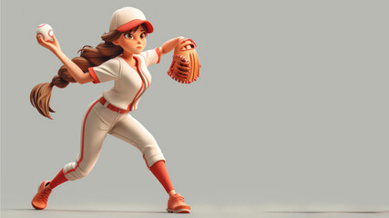 A woman cartoon baseball player in white jersey with equipment - obrazy, fototapety, plakaty