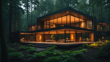 stunning biophilic home hidden deep in a mysterious, shady forest. organically merging with the surrounding natural beauty. demonstrates a harmonious combination of nature and architecture