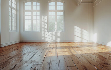 Empty Room With Three Windows and Wooden Floor