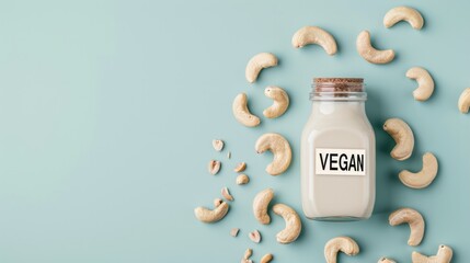 Close up bottle of cashew milk with a "VEGAN" label surrounded by nuts nearby on a wooden table on a plain light background with copyspace