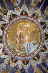 Dome mosaics inside Neonian baptistery in Ravenna, Italy.