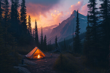 a small camping site nestled among tall mountains, with a clear view of the setting sun casting a pink and orange glow. A tent is set up with the campfire glowing, Generative AI