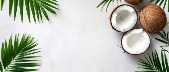 Tropical tranquility represented by halved coconuts and vibrant palm leaves, symbolizing natural wellness and simplicity