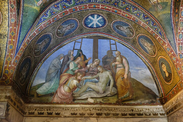 RAVENNA, ITALY - NOVEMBER 2, 2023: A fresco with deposition of the cross in the the Saint Andrew chapel. - obrazy, fototapety, plakaty
