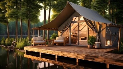 Glamping houses in nature forest by lake. Open traditional canvas bell tent house with modern furniture inside. Tent interior and exterior. AI generative
