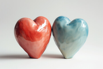 Ceramic Hearts, Red Passion and Serene Bluestands on the table. St. Valentine's Day