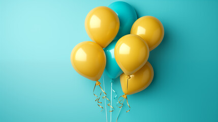 Yellow and Blue Balloons on Turquoise Background. Background for anniversary, party and celebration.