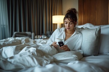 A woman sitting on a bed, actively engaged with her cell phone.