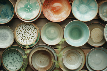 Artisan Ceramic Plates Collection on Wooden Shelves