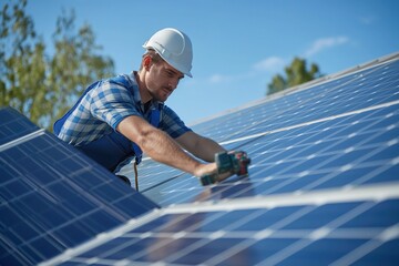 A man diligently works on installing solar panels on a rooftop, promoting sustainable energy solutions.
