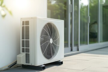 A white air conditioner unit is positioned next to a wall, ready to cool down the surrounding area.