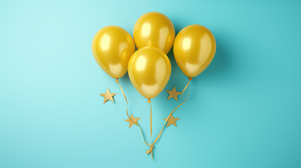 Turquoise background adorned with yellow balloons. Background for anniversary, party and celebration.