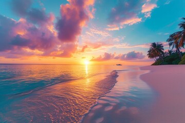 Beautiful panoramic sunset sea sky tropical paradise beach. Tranquil summer vacation travel...