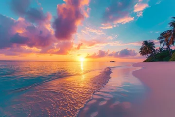 Foto op Canvas Beautiful panoramic sunset sea sky tropical paradise beach. Tranquil summer vacation travel landscape. Peaceful seaside palm calm panorama. Exotic nature view inspire seascape. Best Maldives wallpaper © Areesha